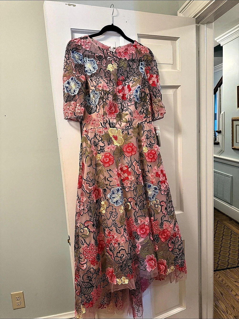 Teri Jon Floral Embroidered Midi Dress in Pink Size 10 NWT